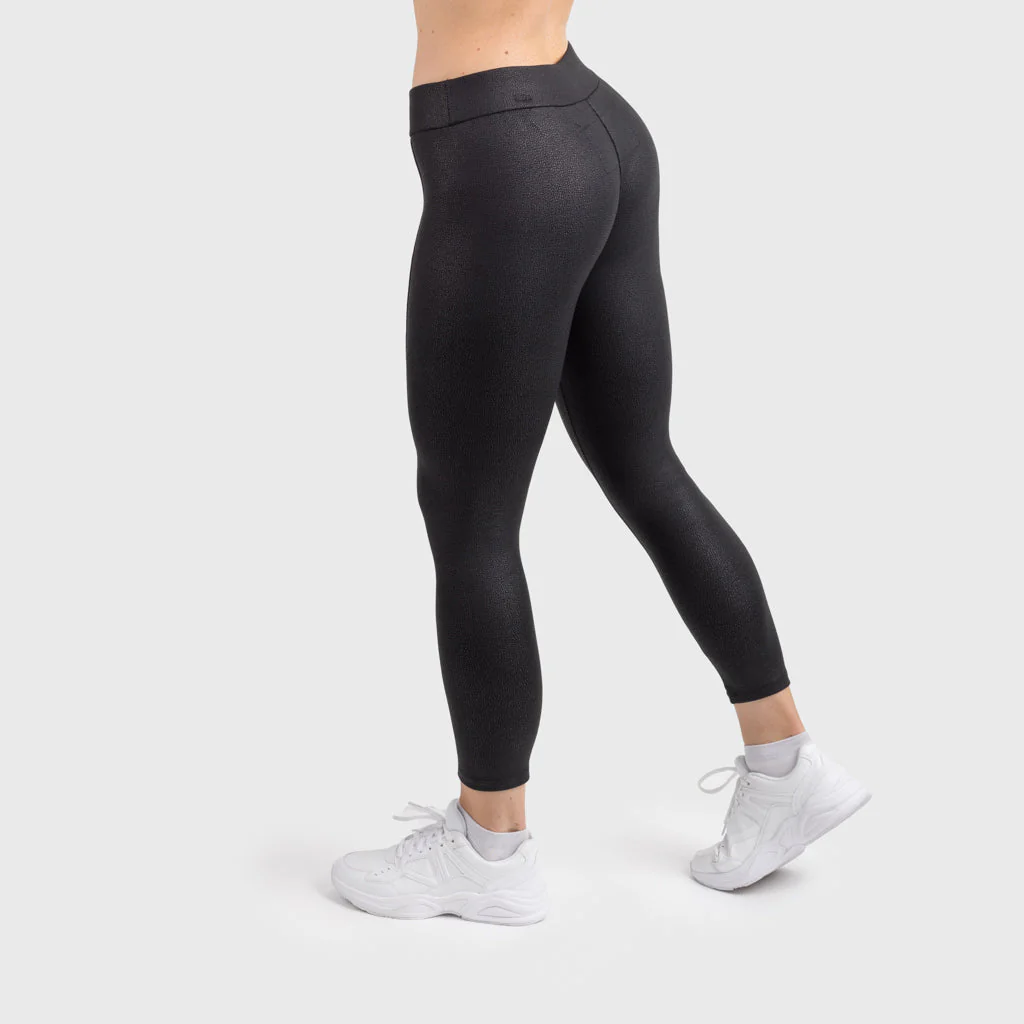 Medium Waist Leggings, Leather Look, Black