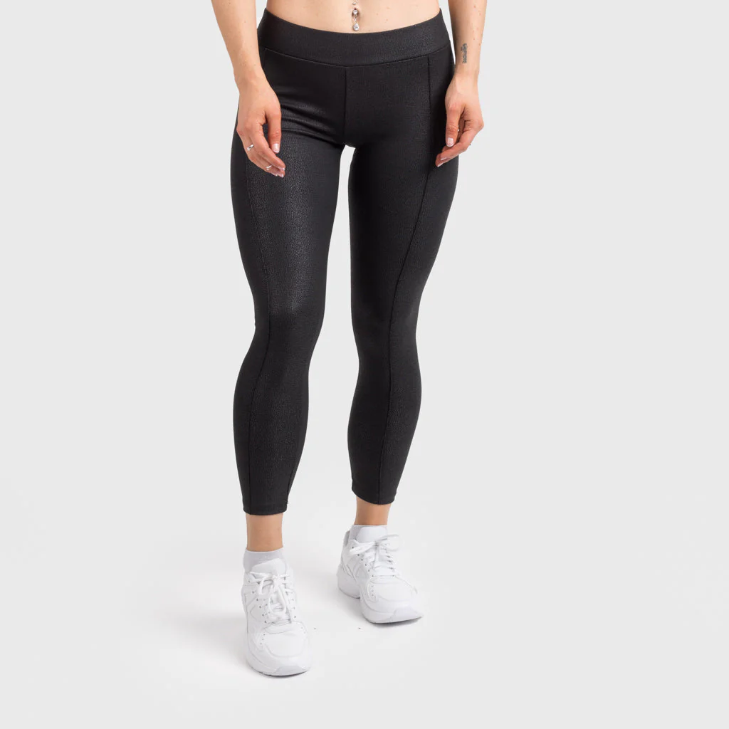Medium Waist Leggings, Leather Look, Black - Image 2