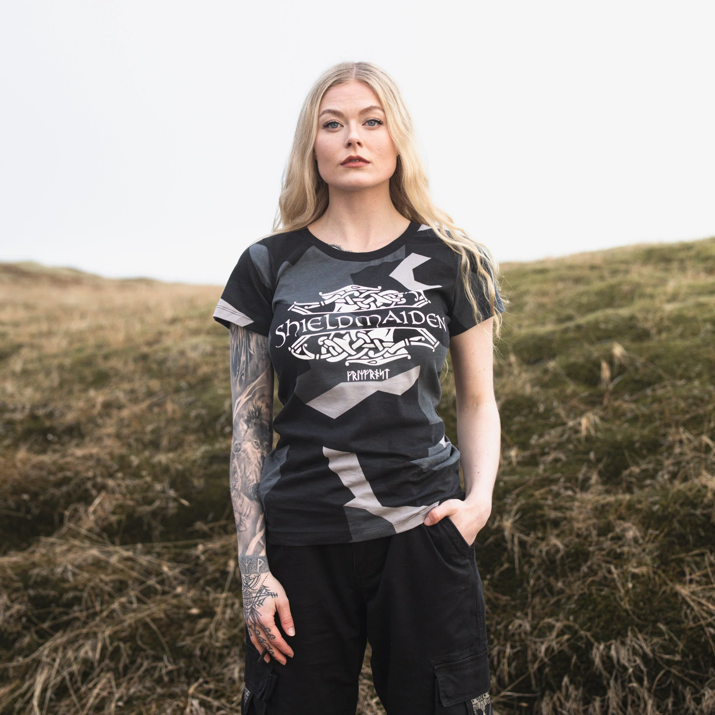 Women's Premium T-shirt, Shieldmaiden, M90 Grey Camo