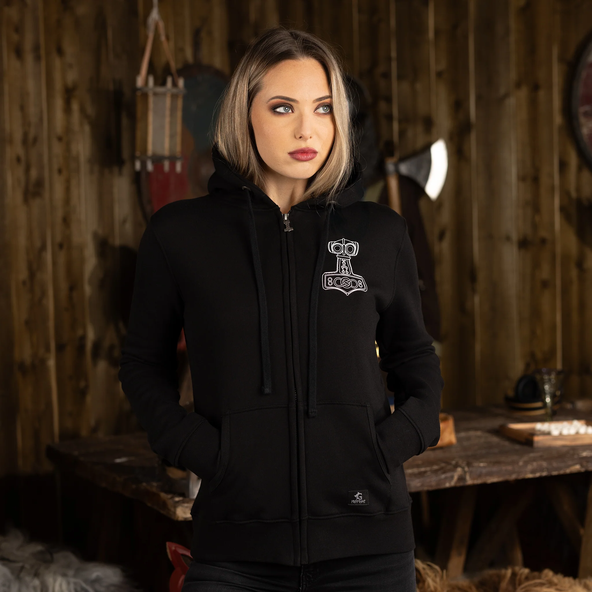 Women's Premium Zip Hoodie, Mjolnir, Black - Image 2